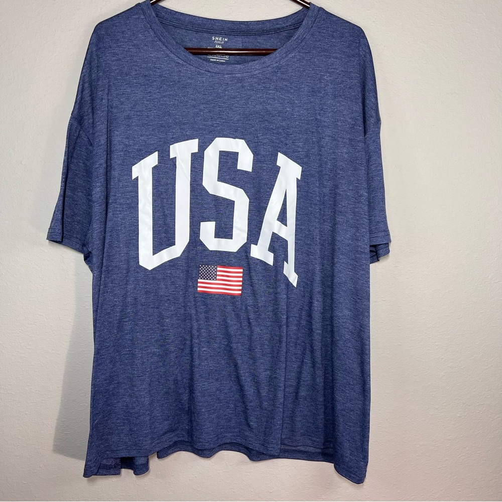SHEIN Blue USA Graphic Crew Neck T-Shirt